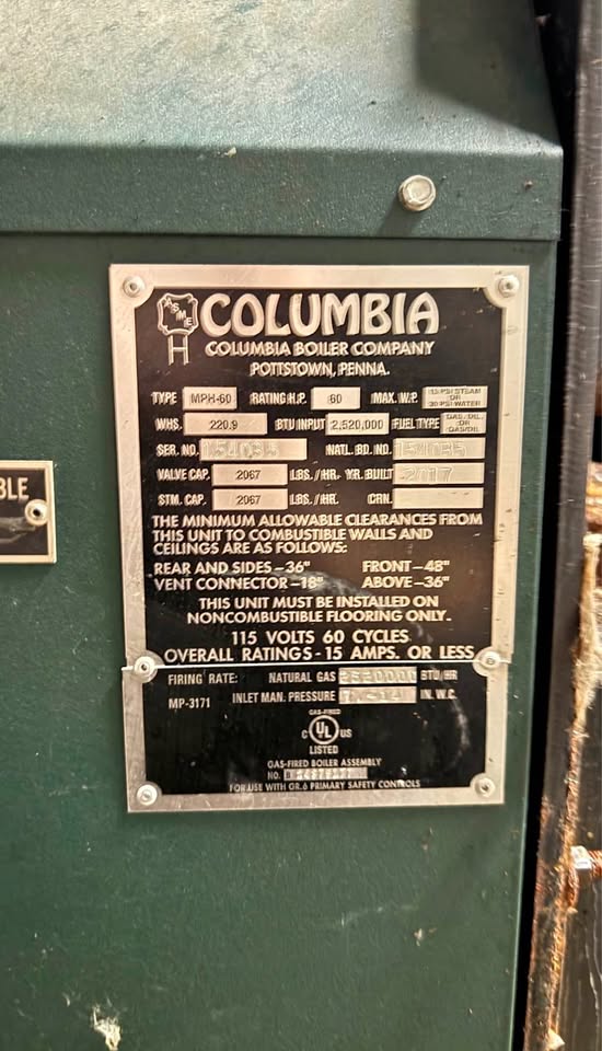 Columbia MPH-60 Steam Boiler – 2,520,000 BTU – w/ Blowdown Tank