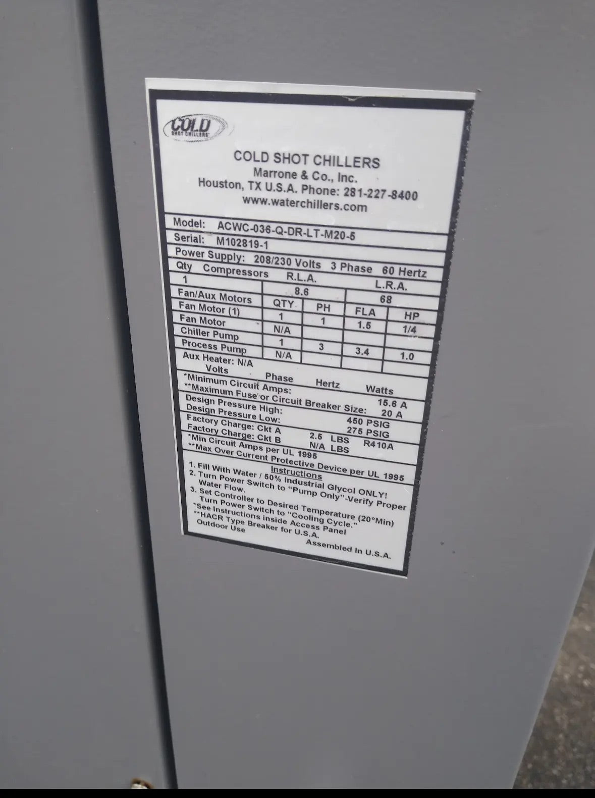 (Reduced!) 2019 Cold Shot Glycol Chiller – 3 TON, 3 Phase, Lightly Used
