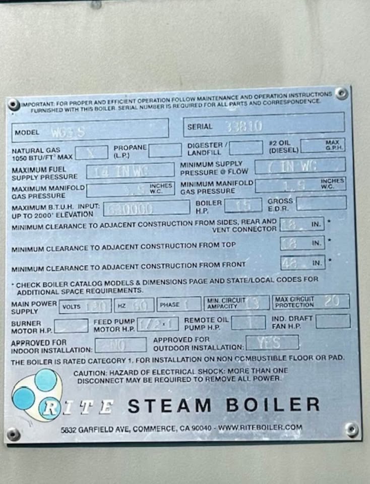 Used Rite W63-S Steam Boiler – 630,000 BTU w/ Infeed & Blowdown Tank