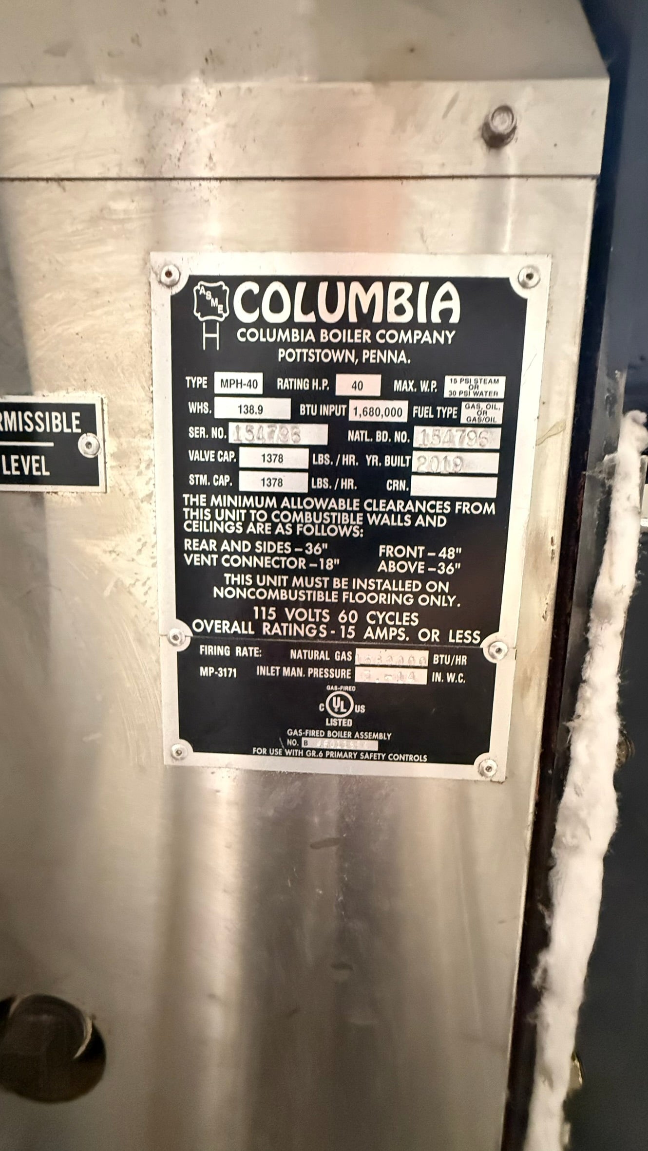 Columbia MPH-40 Steam Boiler – 1,680,000 BTU w/ Feedwater & Blowdown
