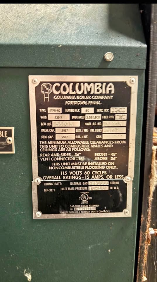 Columbia MPH-60 Steam Boiler – 2,520,000 BTU – w/ Blowdown Tank