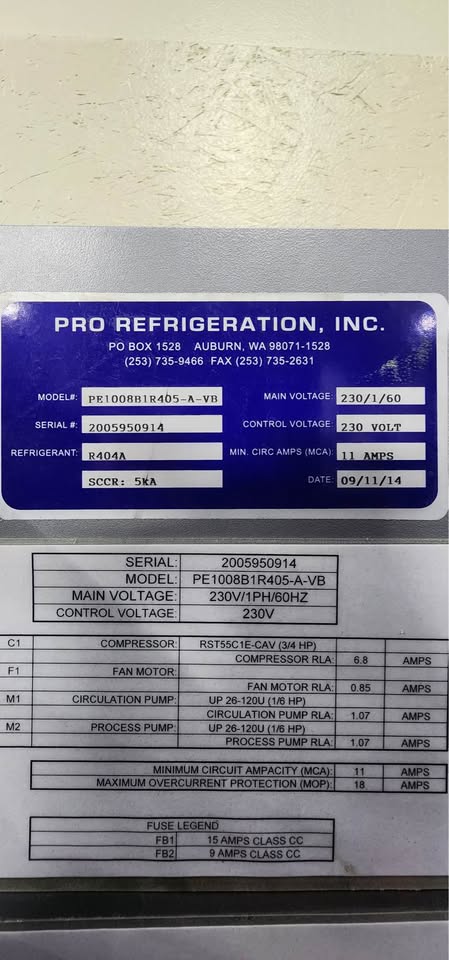 Pro Refridgeration PE1008B1R405-A-VB Glycol Chiller – ¾ HP | 230V(single phase!)