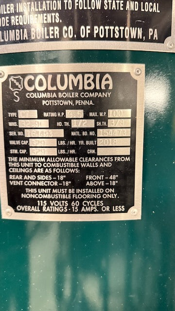 (Reduced!) Columbia 9.5 HP Steam Boiler (~318,000 BTU/hr) –
